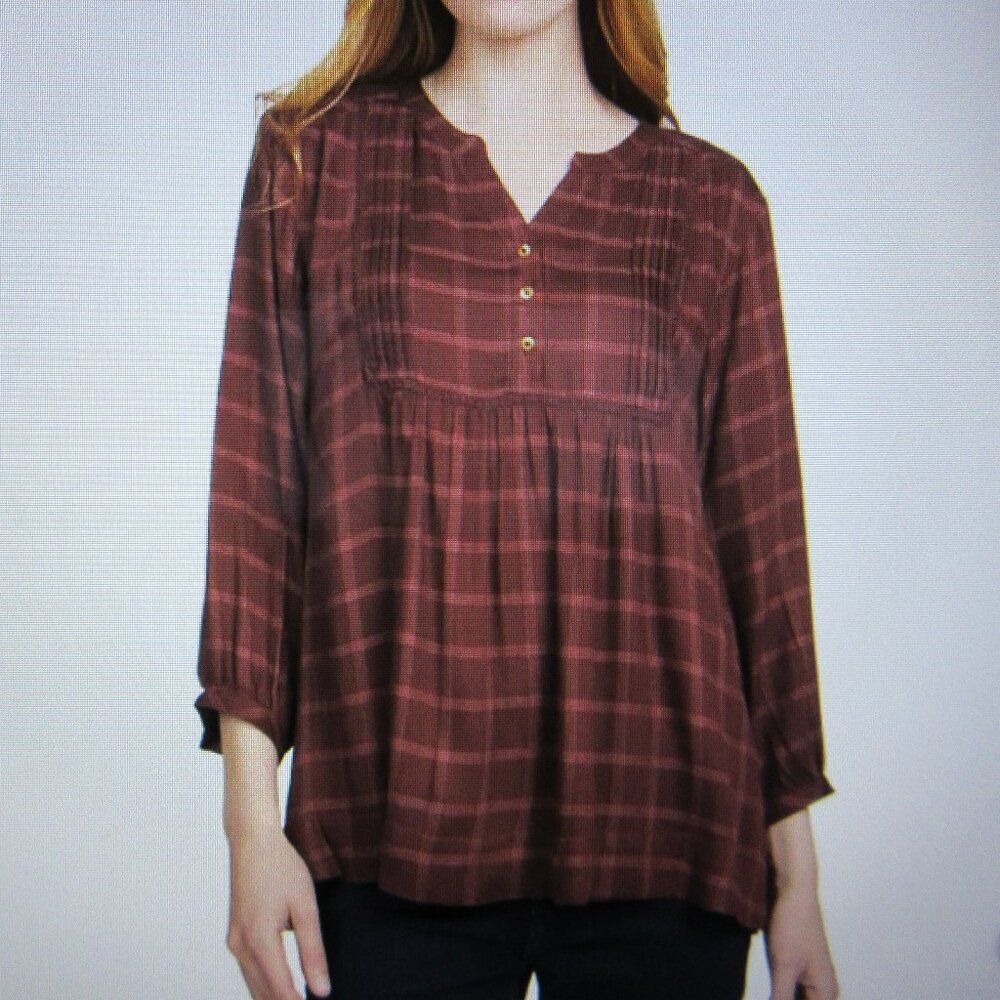 WRANGLER Brown Rust Plaid Blouse Womens Size M (8-10) Popover Top Shirt NWT‎